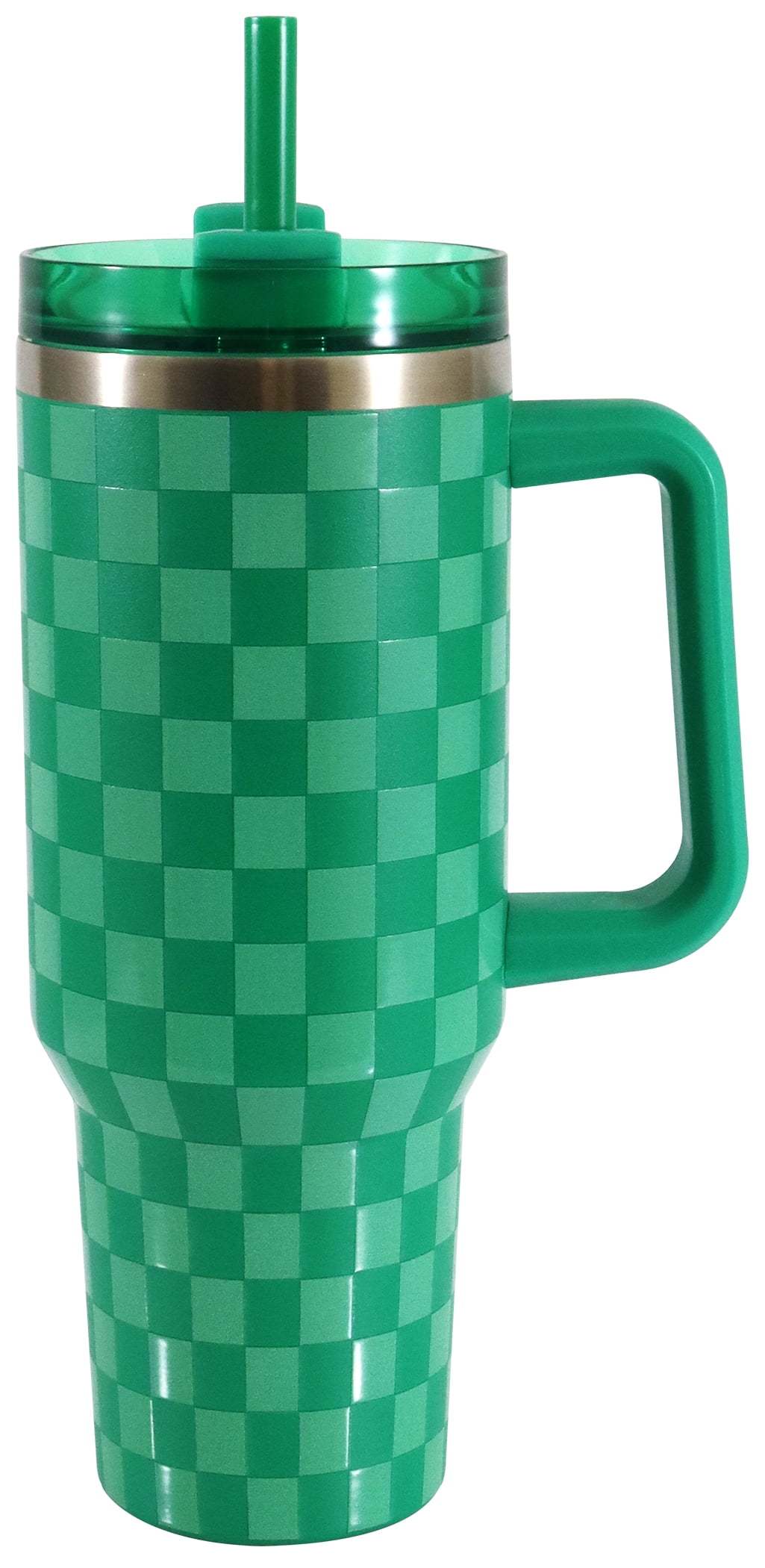 Mainstays 40 oz Stainless Steel Tumbler with Straw and Handle, Double Wall Insulated, Green Check