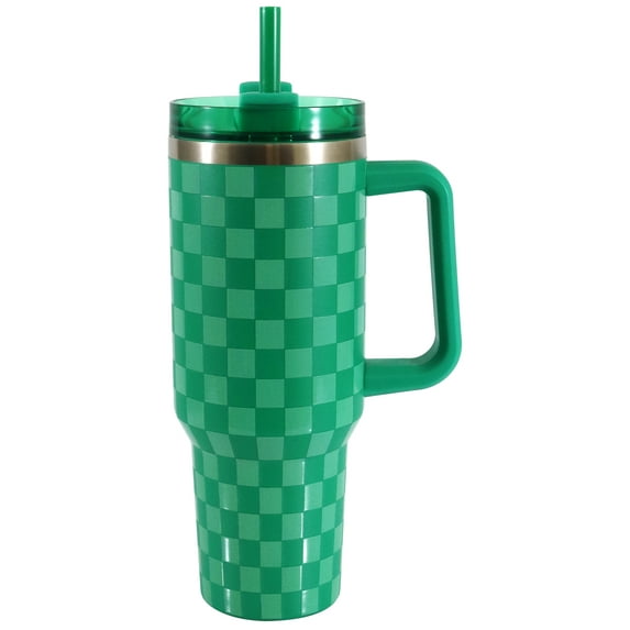 Mainstays 40 oz Stainless Steel Tumbler with Straw and Handle, Double Wall Insulated, Green Check
