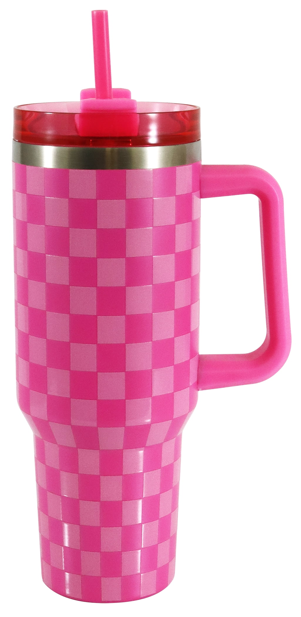 Mainstays 40 oz Stainless Steel Tumbler with Straw and Handle, Double Wall Insulated, Pink Check