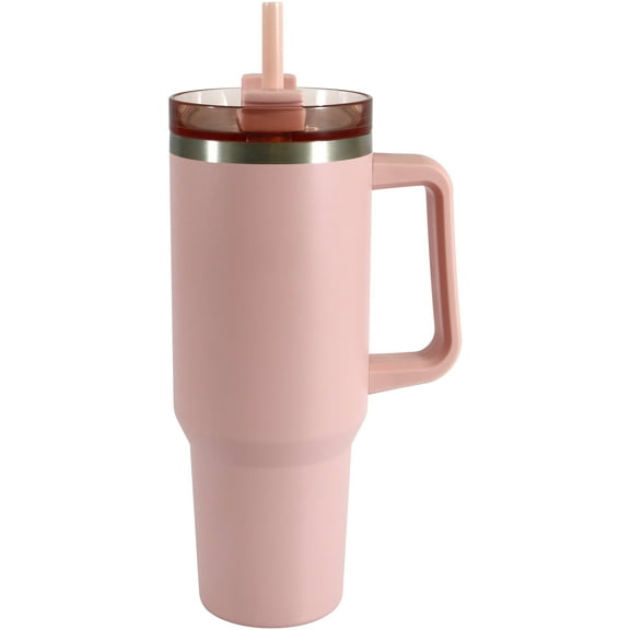 Mainstays 40 oz Stainless Steel Tumbler with Straw and Handle, Double Wall Insulated, Pink