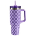 thumbnail image 1 of Mainstays 40 oz Stainless Steel Tumbler with Straw and Handle, Double Wall Insulated, Purple Check, 1 of 7