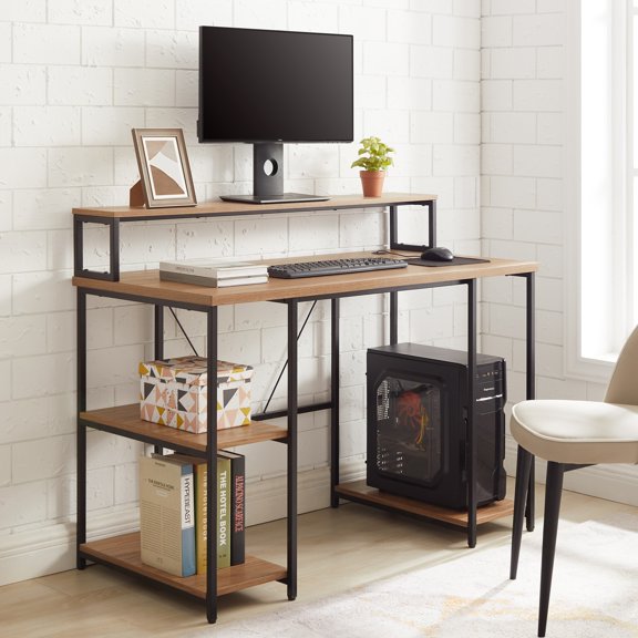 Open Box Mainstays 47" Computer Desk with Storage Shelves, Walnut Finish