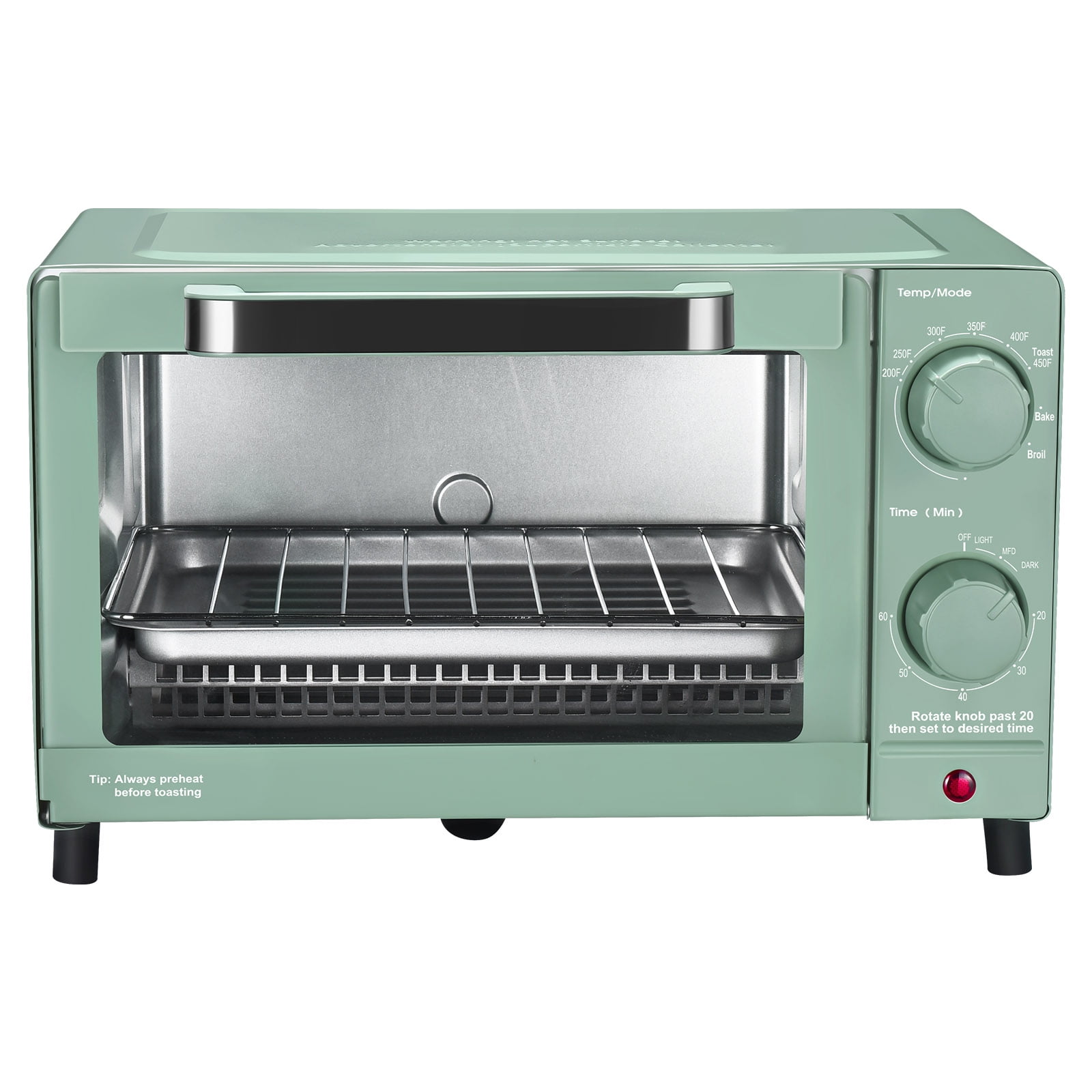 Mainstays 4SL Toaster Oven with 3 Settings, includes Baking Rack and Pan, Sage Green