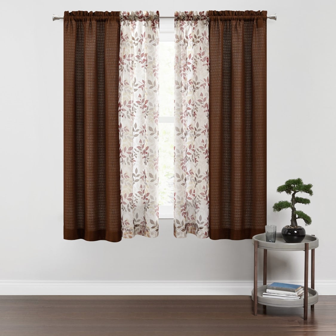 Brown and Sheer Floral Rod Pocket Curtain Panel Set, 27.5" x 63"