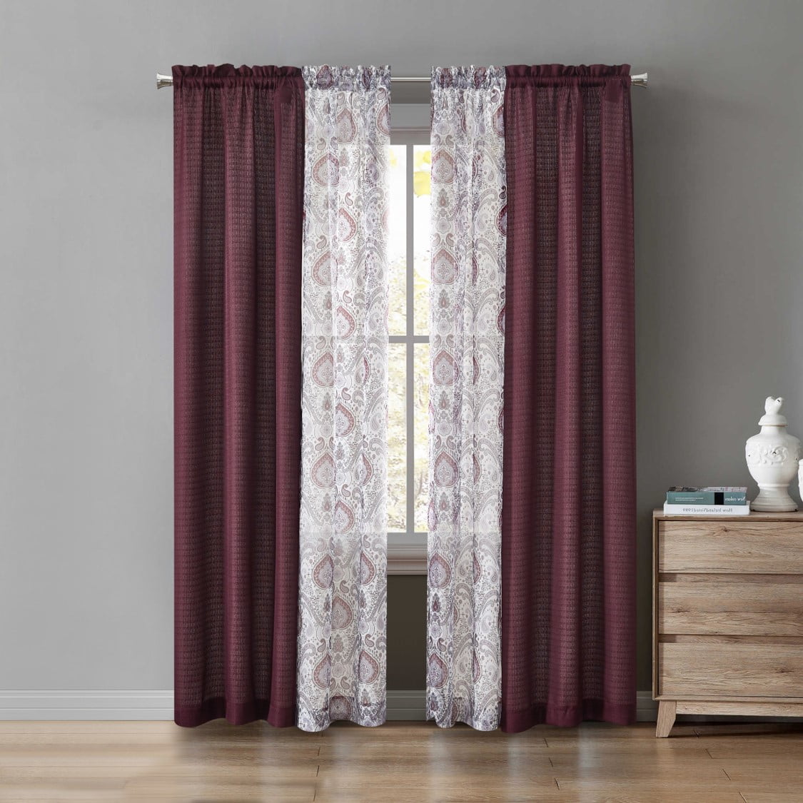Mainstays Curtain and Sheers Set, 4 Panels, Burgundy, 27.5" W x 84” L