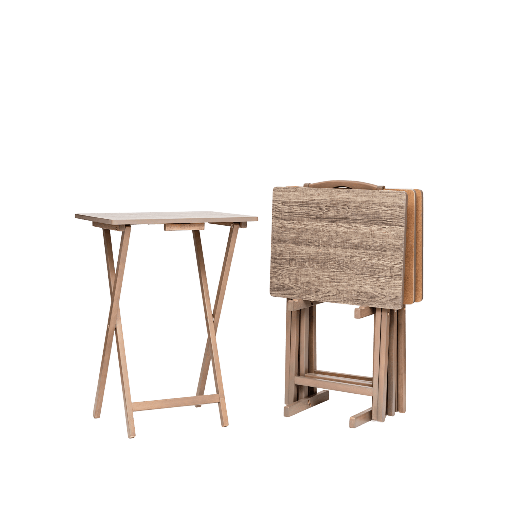 Mainstays 4-Piece Rustic Gray Rubberwood Indoor Folding TV Tray Table Set with Storage Rack