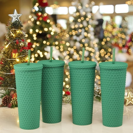 Mainstays 4pk 26oz DW AS Plastic Soft Touch Textured Tumbler with Straw, Green