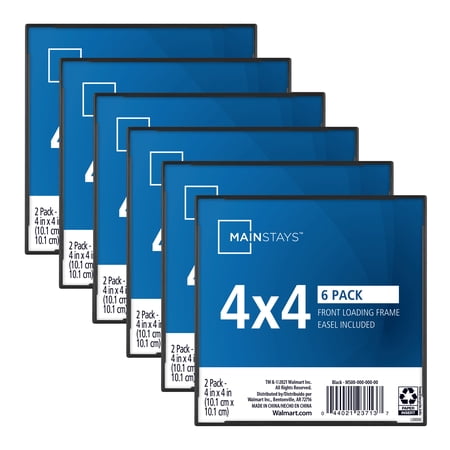Mainstays 4x4 Front Loading Picture Frames, Black, Set of 6
