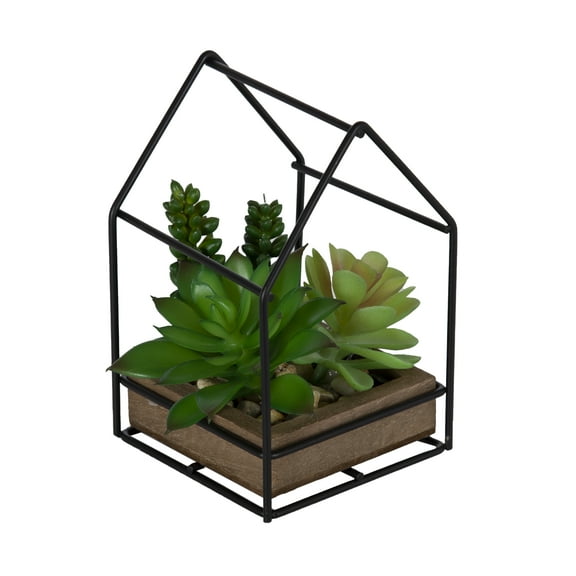 Mainstays 5.5" Artificial Mixed Succulents in Black Metal House Terrarium