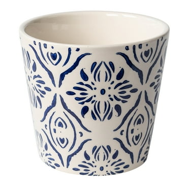 Mainstays 5.9”D x 5.43”H Round Ceramic Blue Medallion Planter, White