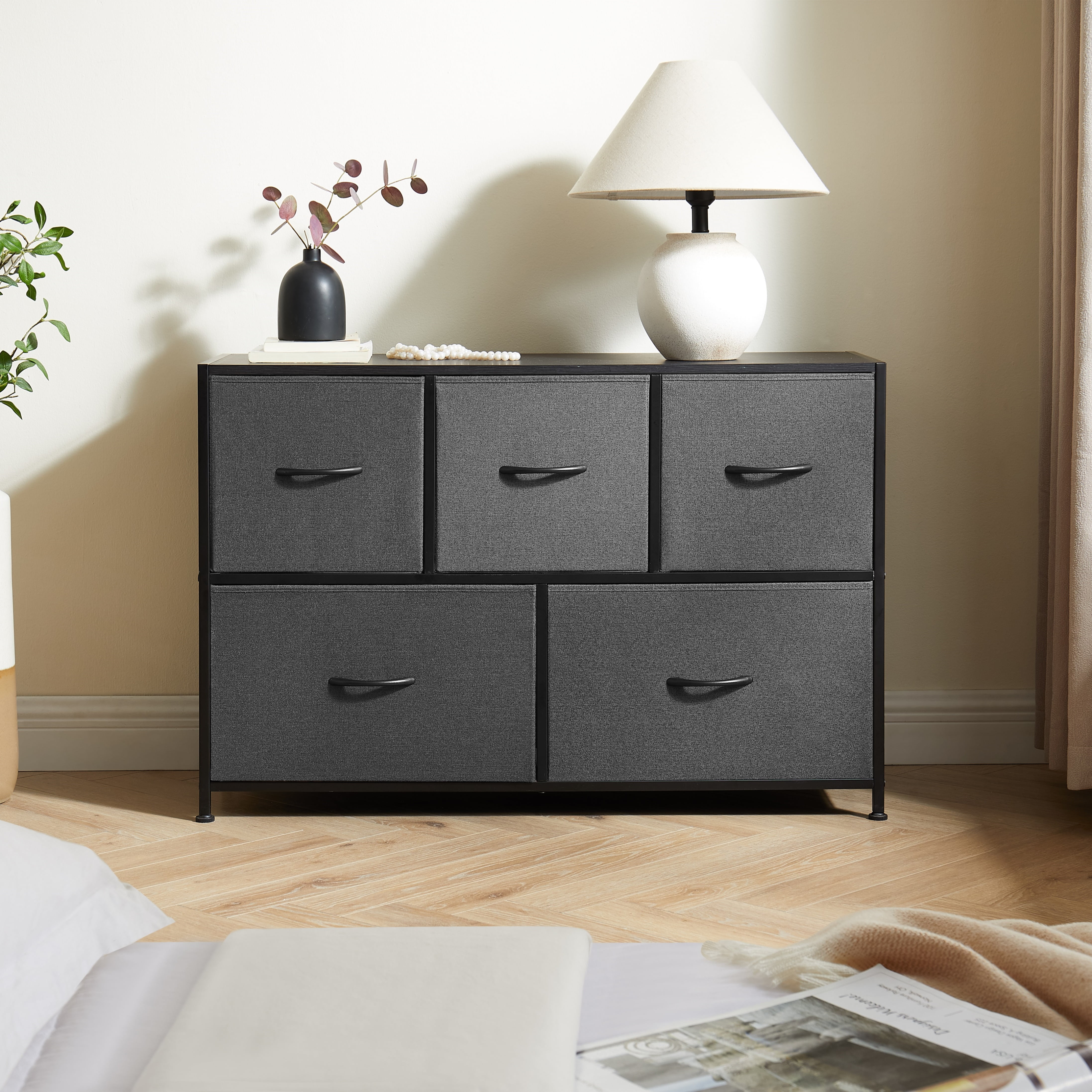 Mainstays 5 Drawer Fabric Storage Dresser for Bedroom, Grey Mainstays 5 Drawer Fabric Storage Dresser for Bedroom, Grey