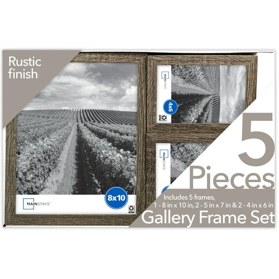 Mainstays 5 PC Gallery Linear Rustic Picture Frame set (Includes 2-4x6, 2-5x7, 1-8x10 Frames)