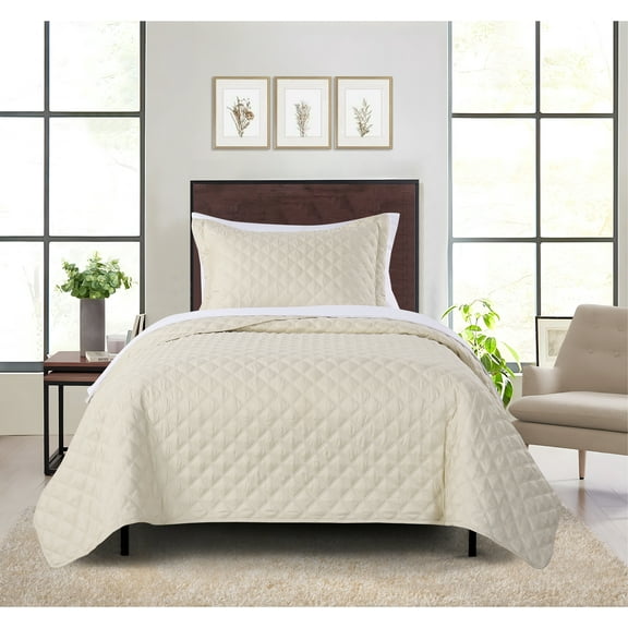 Mainstays 5 - Piece Beige Reversible Quilt Set with White Sheets, Twin-XL