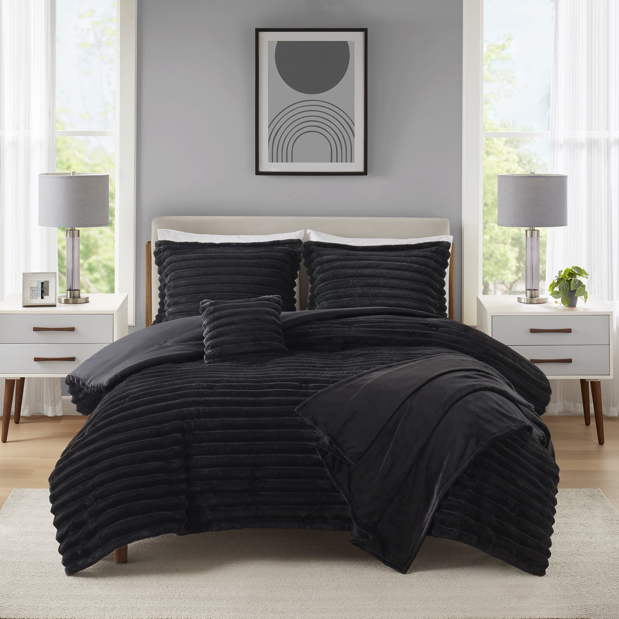 Mainstays King Comforter Set, 5-Piece, All-Season, Black Cozy Plush