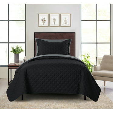 Mainstays 5 Piece Black Reversible Quilt Set with Dark Gray Sheets, Twin-XL
