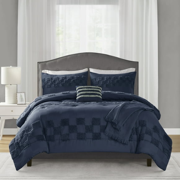 Mainstays 5-Piece Blue Check Comforter Set, Full-Queen