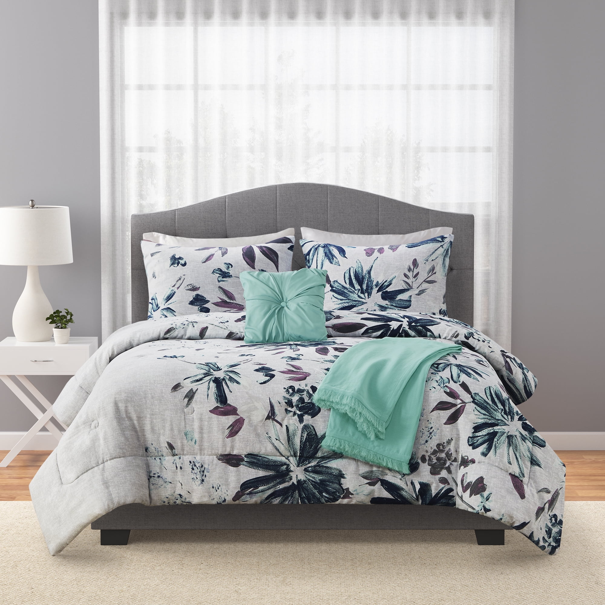 Mainstays 5-Piece Blue Floral Comforter Set, Full/Queen