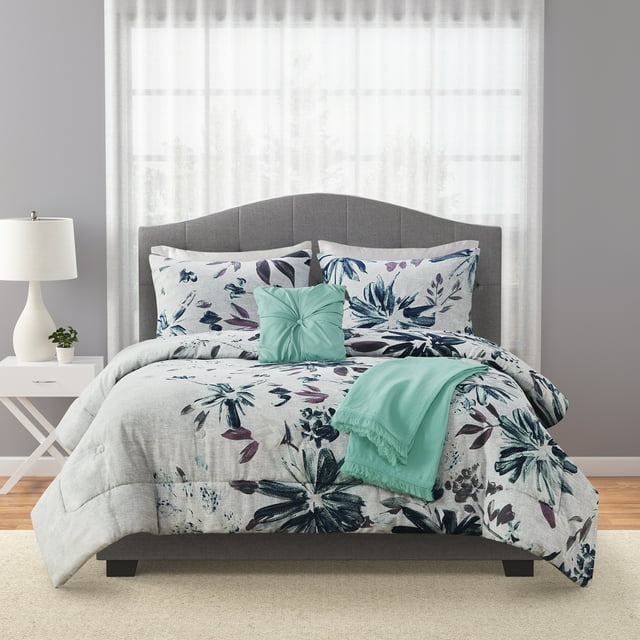 Mainstays 5Piece Blue Floral Comforter Set, King