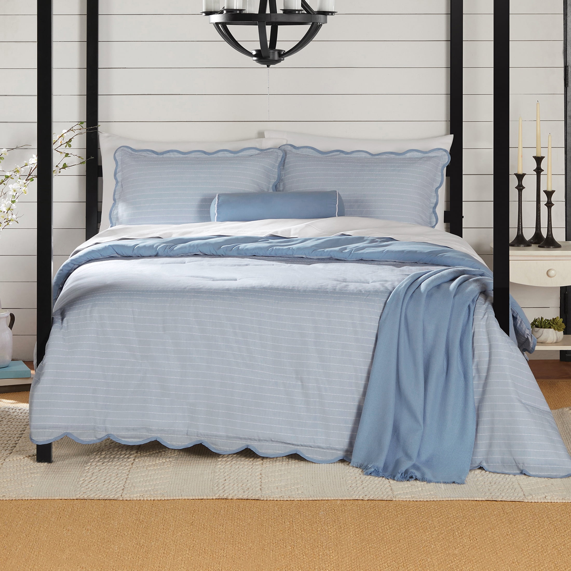Mainstays Full/Queen Comforter Set, All-Season, 5-Piece, Blue Pick Stitch Scallop