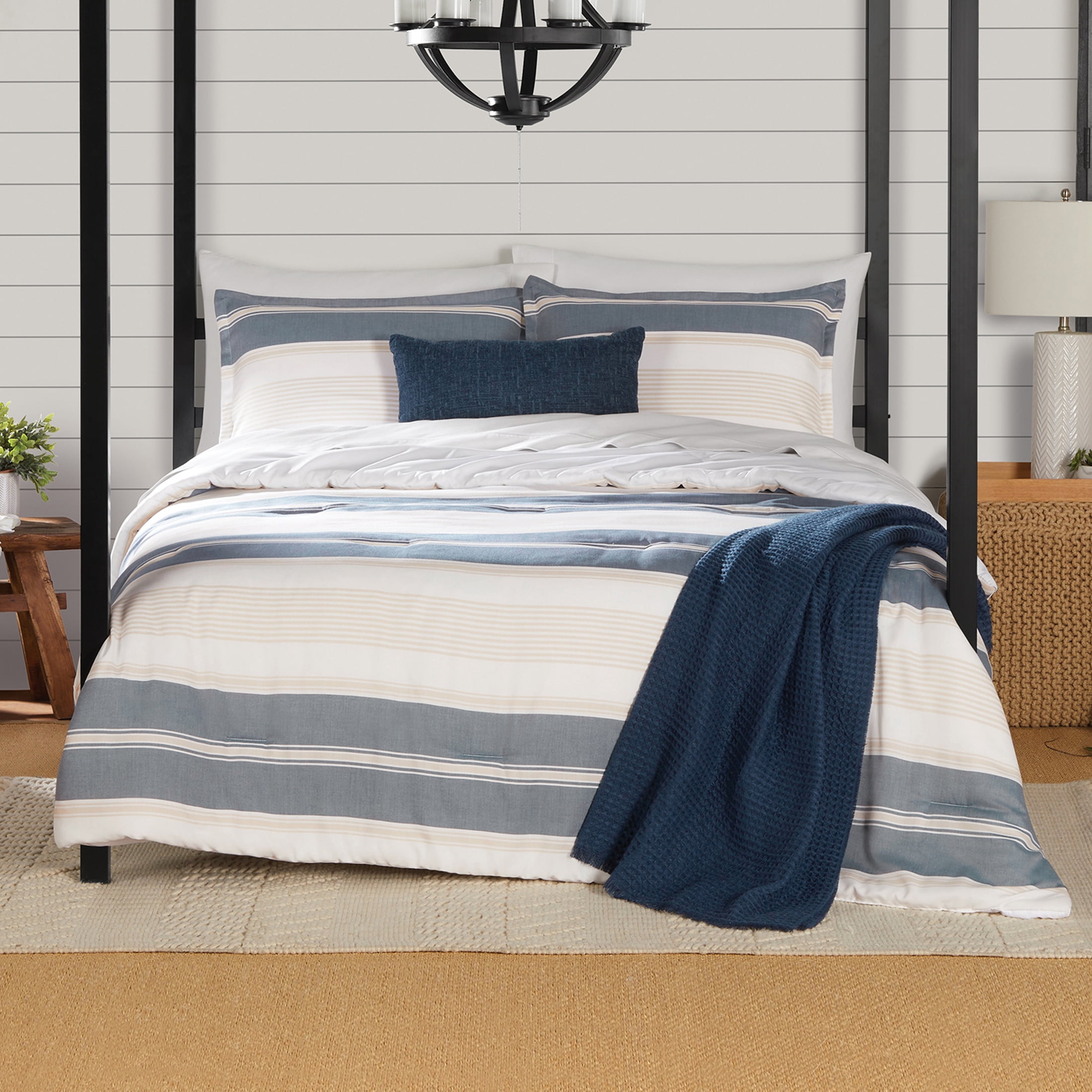 Mainstays King Comforter Set, All-Season, 5-Piece, Blue & Tan Woven Stripe