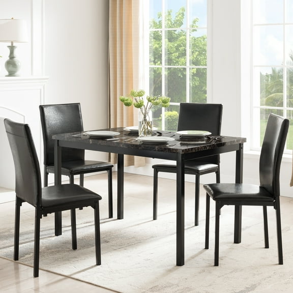 Mainstays 5 Piece Faux Marble Dining Table and 4 PU Chairs Set, Black Color, Set of 5 for Kitchen