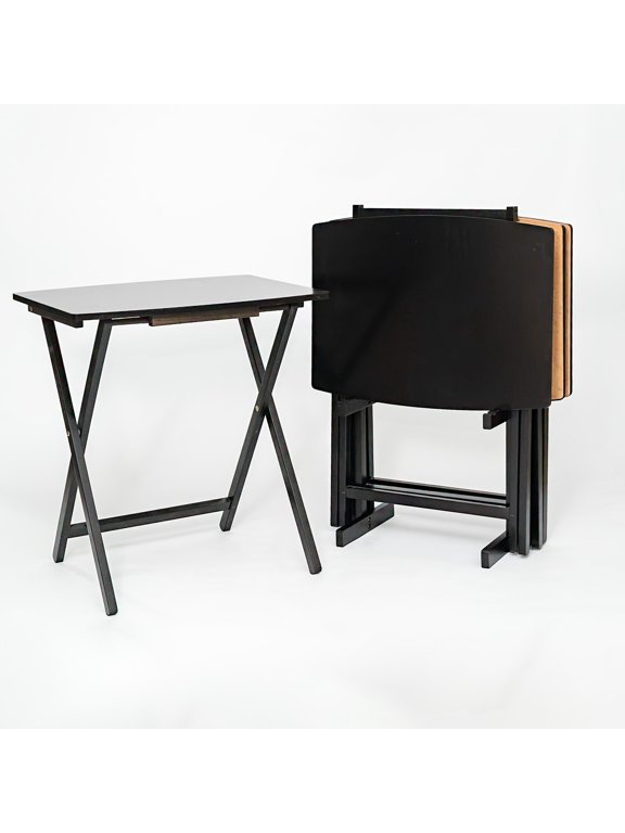 5-Piece XL Solid Rubberwood Folding TV Tray Set with Storage Rack, Black