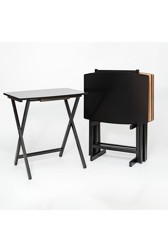 XL Oversized 5-Piece Rubberwood Folding TV Tray Table Set of 4 with Storage Rack, Black