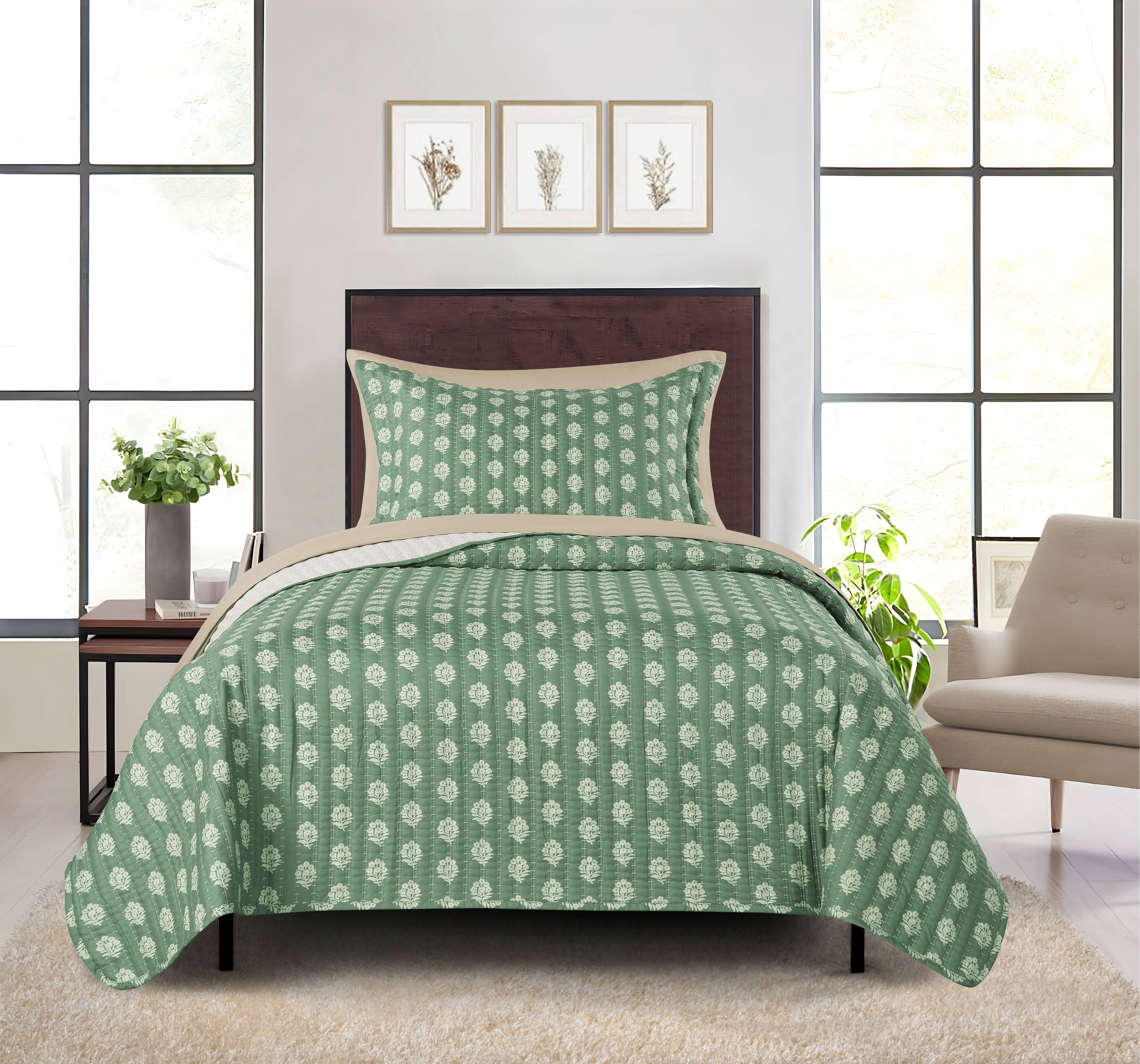 Mainstays All in One Lightweight Quilt Set and Sheet Set -5 Piece, Twin/Twin-XL, Green Floral