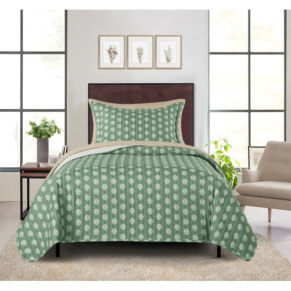 Mainstays All in One Lightweight Quilt Set and Sheet Set -5 Piece, Twin/Twin-XL, Green Floral