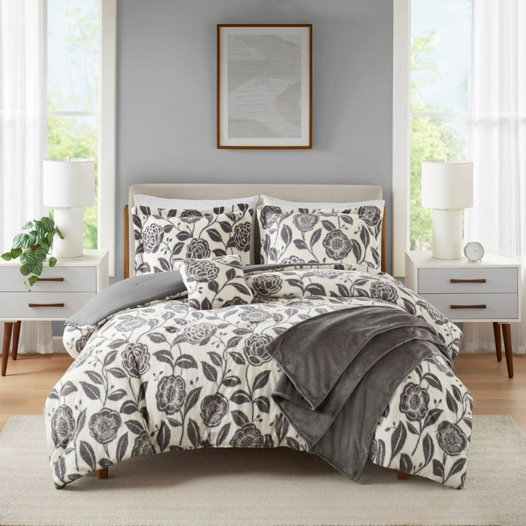 Mainstays King Comforter Set, All-Season, 5-Piece, Grey Floral