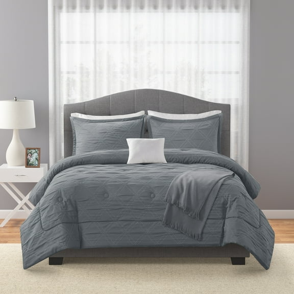 Mainstays 5-Piece Grey Cross Stitch Comforter Set, Full/Queen