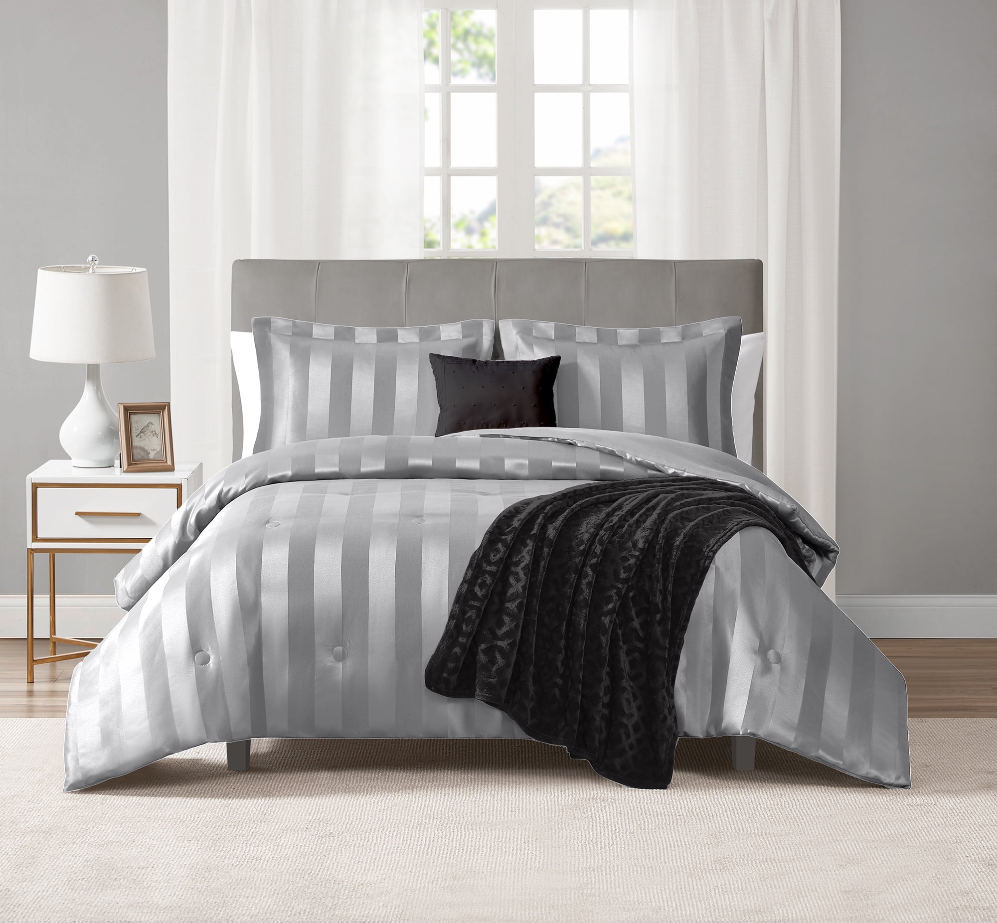 Mainstays 5-Piece Grey Damask Stripe Comforter Set, Full/Queen