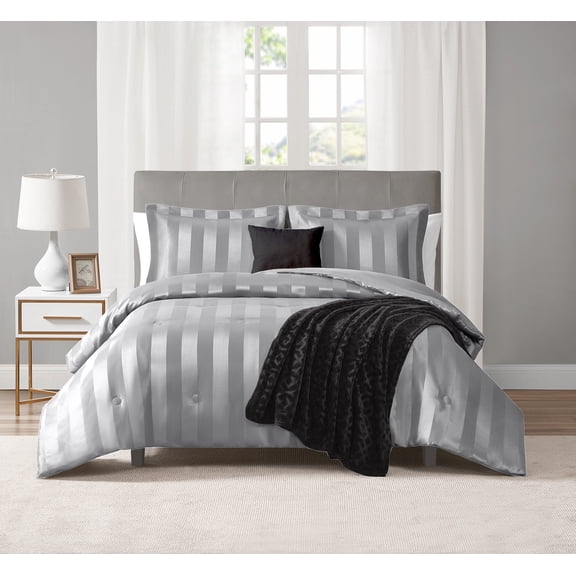Mainstays 5-Piece Grey Damask Stripe Comforter Set, Full/Queen