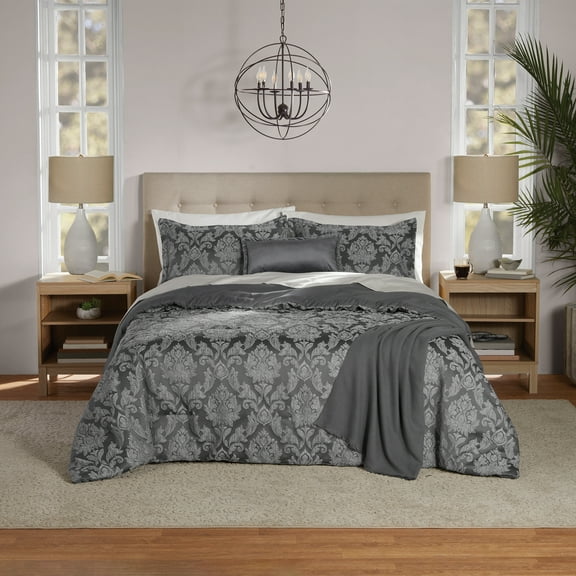 Mainstays Full/Queen Comforter Set, All-Season, 5-Piece, Grey Jacquard Damask