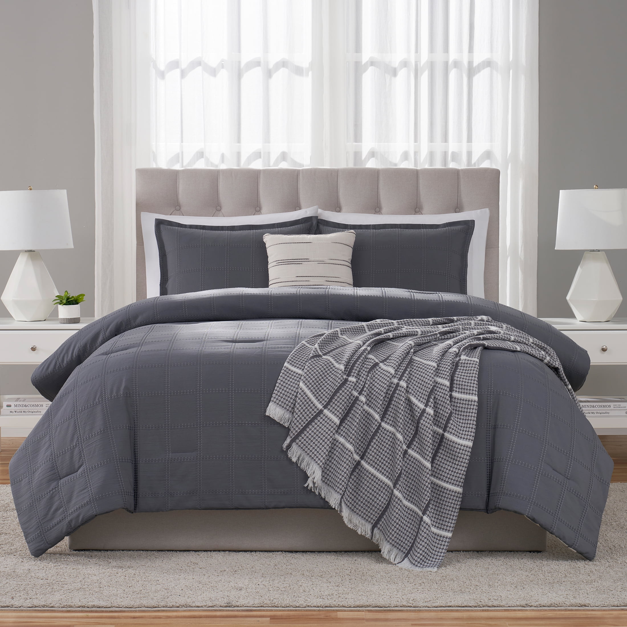 Mainstays King Comforter Set, All-Season, 5-Piece, Grey Waffle Check
