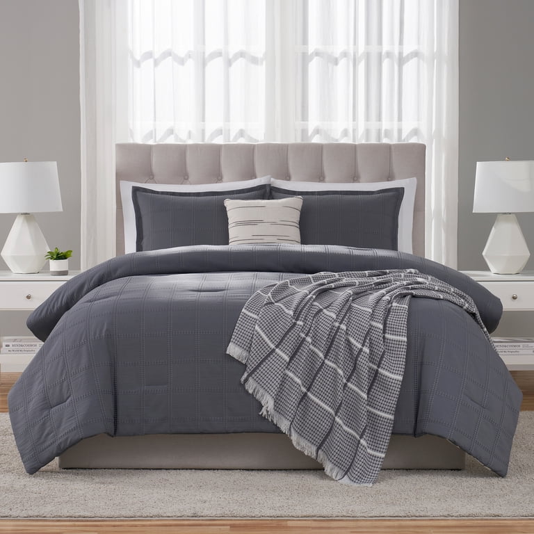 Free Shipping! Mainstays King Grey Waffle Check Comforter Set with