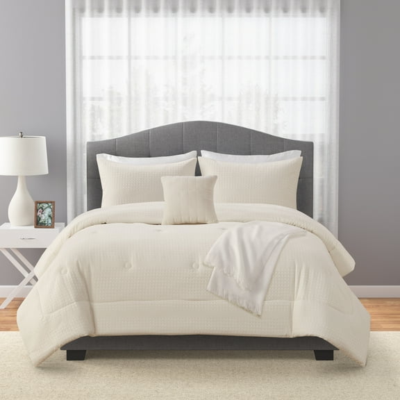 Mainstays 5-Piece Ivory Waffle Comforter Set, Full/Queen