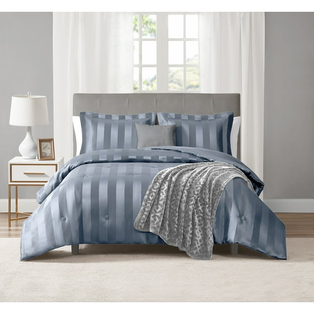 Mainstays 5Piece Blue Damask Stripe Comforter Set, Full/Queen