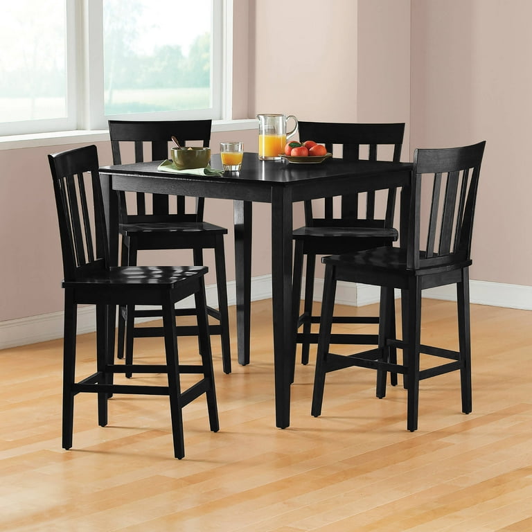 Five Piece Oak and Black Square Solid Wood Dining Set with Four Chairs Five Piece Oak and Black Square Solid Wood Dining Set with Four Chairs