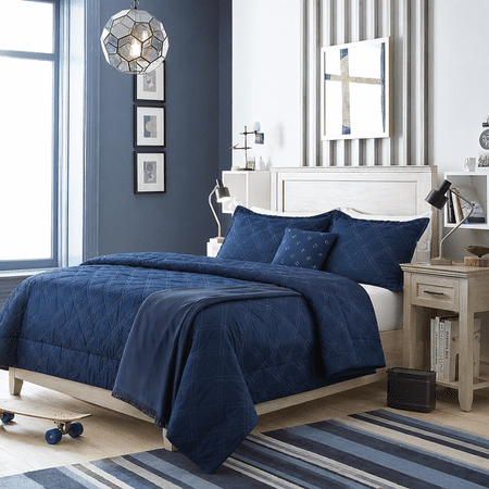 Mainstays King Reversible Comforter Set, Navy Cross Stitch Bedding, 5-Piece with Decor Pillow and Throw