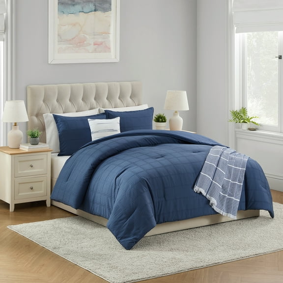 Mainstays 5-Piece Navy Waffle Check Comforter Set, King