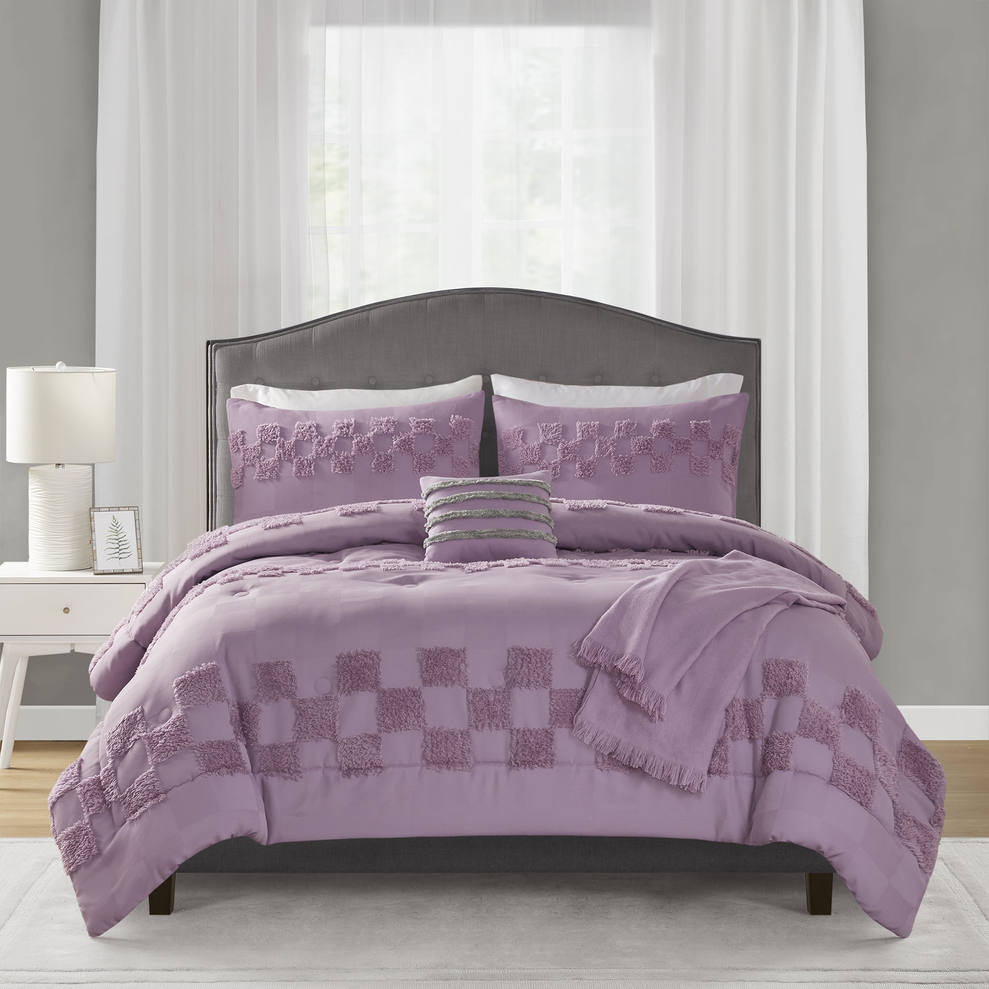 Mainstays 5-Piece Purple Check Comforter Set, King
