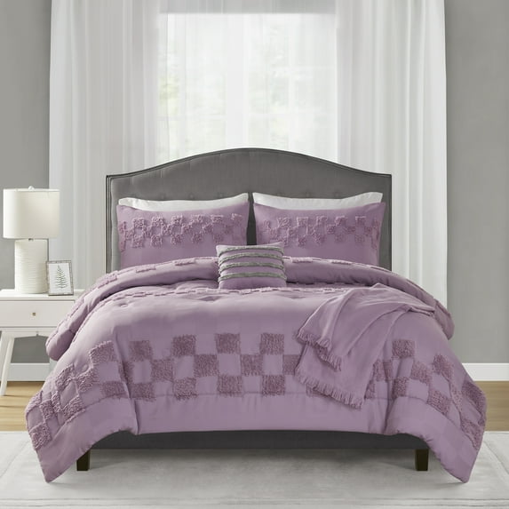 Mainstays 5-Piece Purple Check Comforter Set, King
