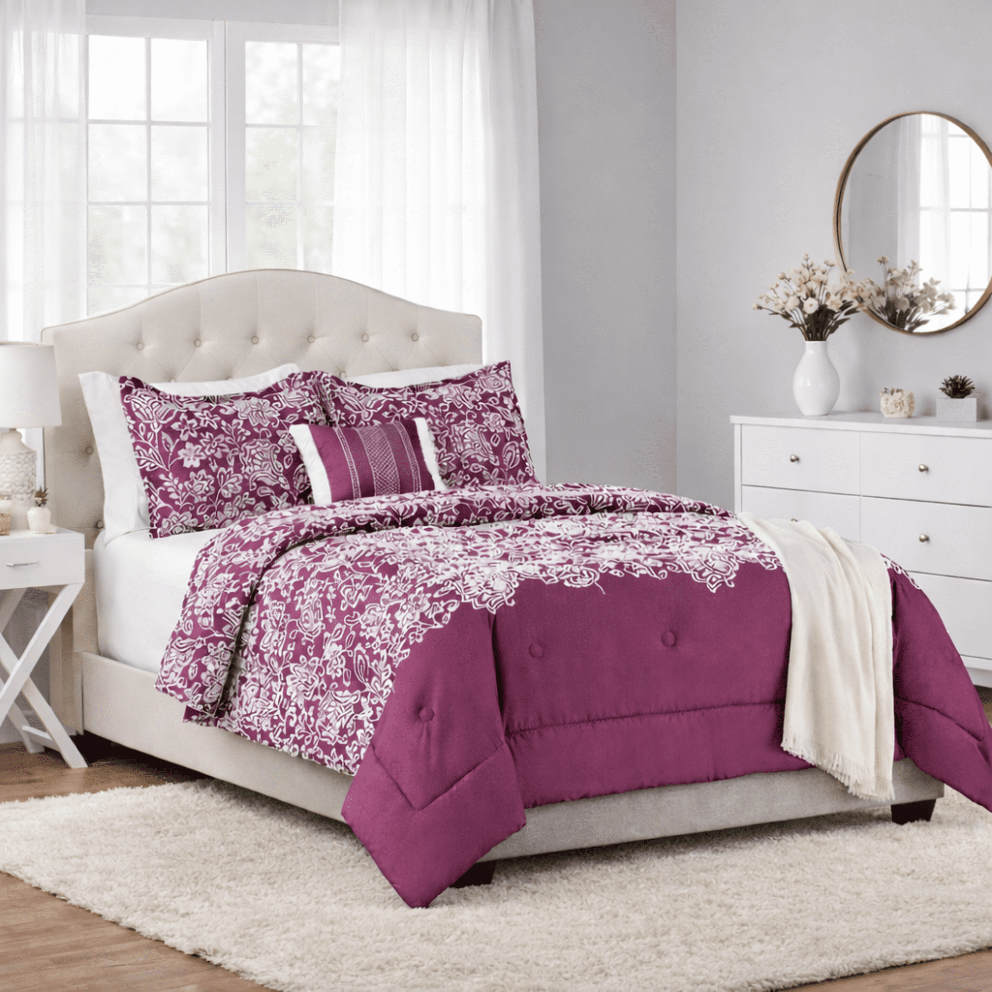 Mainstays 5-Piece Jacquard Comforter Set with Decor Pillow and Throw Purple Flocking Embroidery Bedding Set, Full/Queen