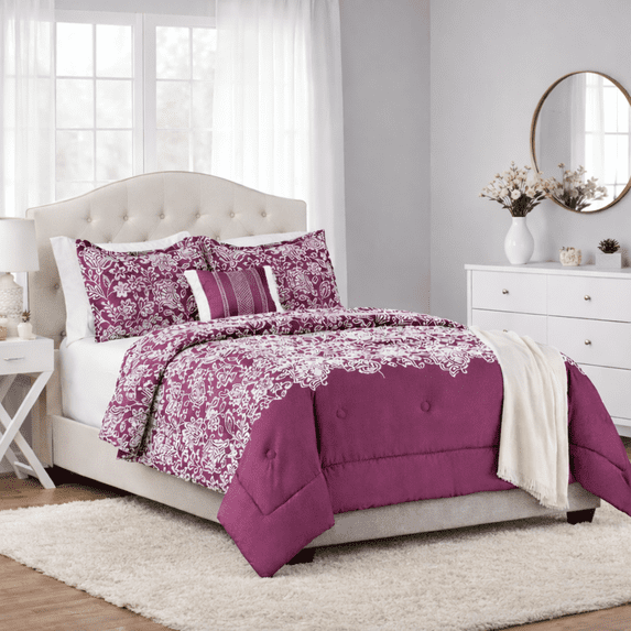 Mainstays 5-Piece Purple Floral Comforter Set with Decorative Pillow and Throw, Full/Queen