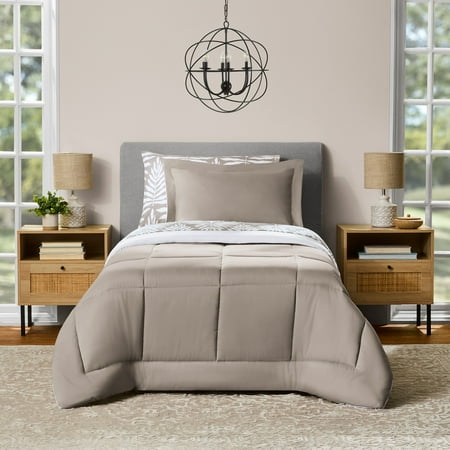 Mainstays All in One Reversible Comforter and Sheet Set- 5 Piece, Twin, Beige Palm