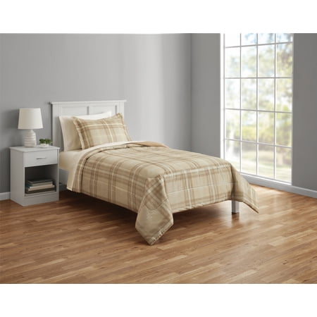 Mainstays 5 Piece Reversible Bed in a Bag Comforter Set with Sheets, Beige Plaid, Twin XL