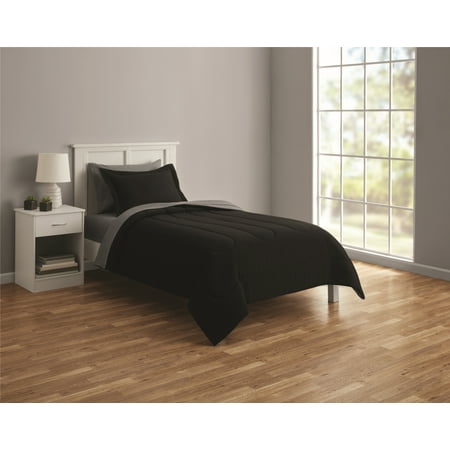 Mainstays Black Reversible 5-Piece Bed in a Bag Comforter Set with Sheets, Twin XL