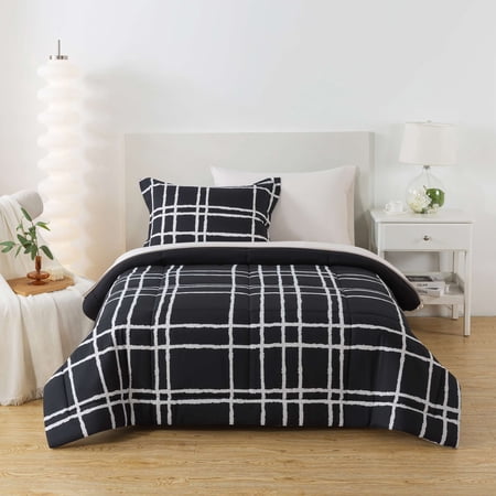 Mainstays All in One Reversible Comforter and Sheet Set, 5-Piece, Twin, Black and White Checker
