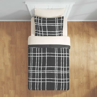 Mainstays 5-Piece Reversible Bed in a Bag Comforter Set with Sheets, Black/White Checker, Twin-XL